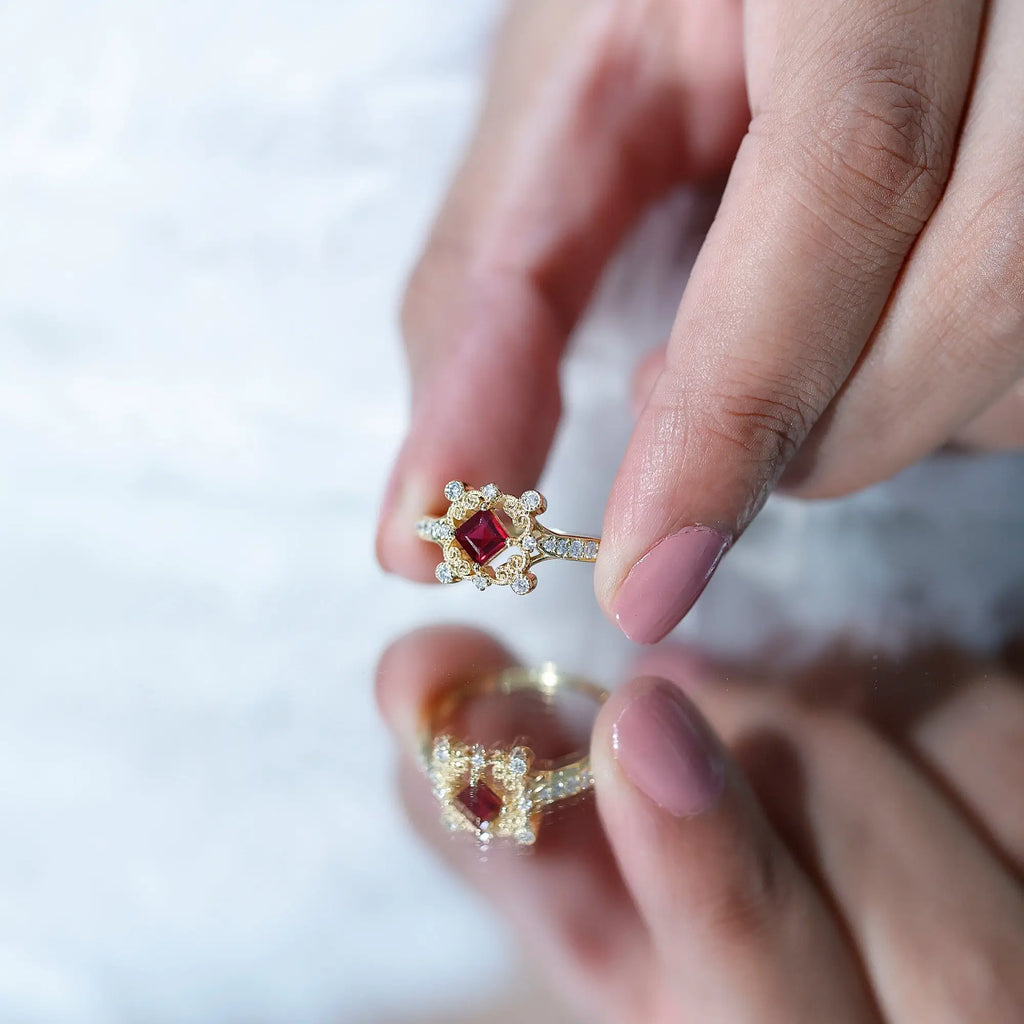 Certified Lab Grown Ruby Diamond Retro Engagement Ring