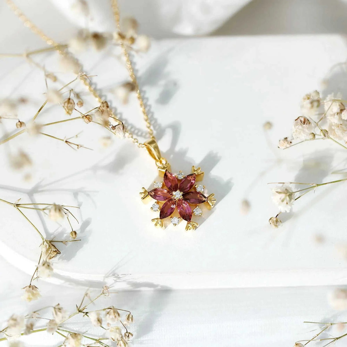 Certified Pink Tourmaline Flower Pendant Necklace with Silver Chain