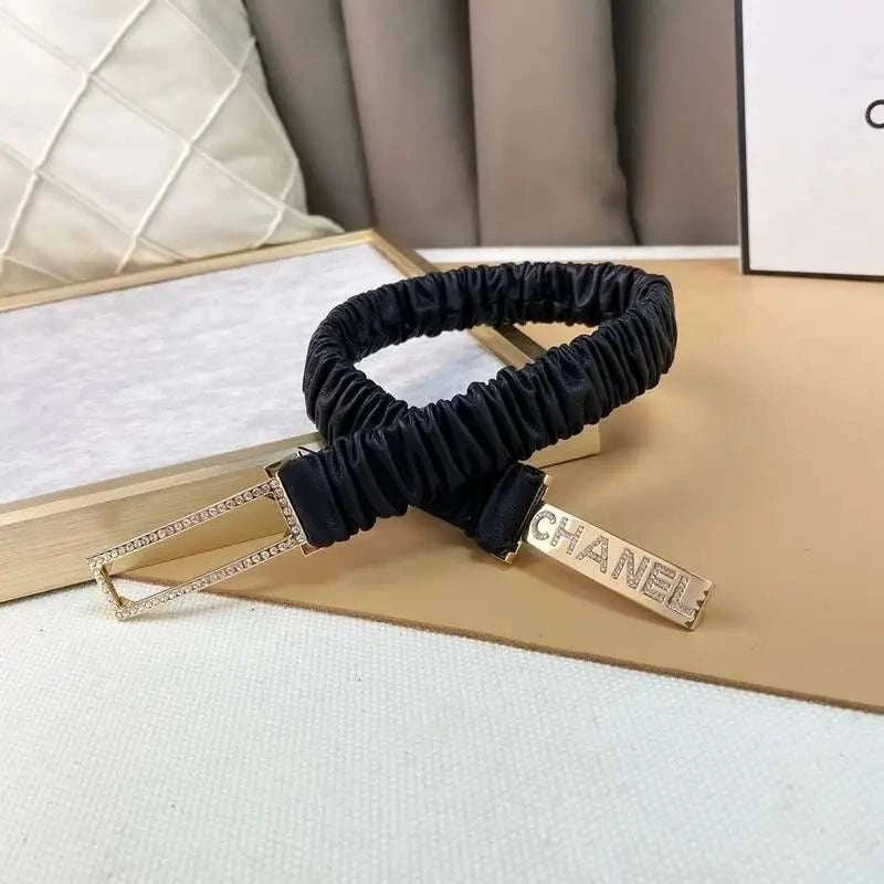 Chanel Logo Buckle Elastic Belt Leather with Metal and Crystals 'Black' - Maven Couture Inc