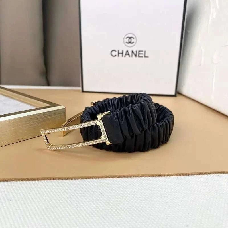 Chanel Logo Buckle Elastic Belt Leather with Metal and Crystals 'Black' - Maven Couture Inc
