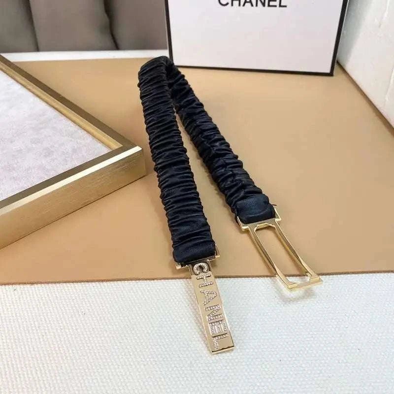 Chanel Logo Buckle Elastic Belt Leather with Metal and Crystals 'Black' - Maven Couture Inc
