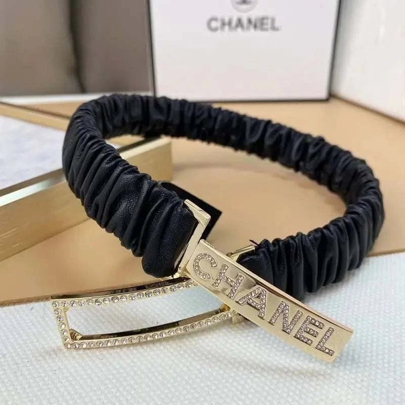 Chanel Logo Buckle Elastic Belt Leather with Metal and Crystals 'Black' - Maven Couture Inc