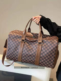 Large brown PU leather Checkered Pattern Travel Bag with dark brown checker design and dual handles