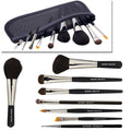 Chic Mom Brush Kit featuring nine black-handled vegan makeup brushes with silver ferrules and a black mesh zippered pouch