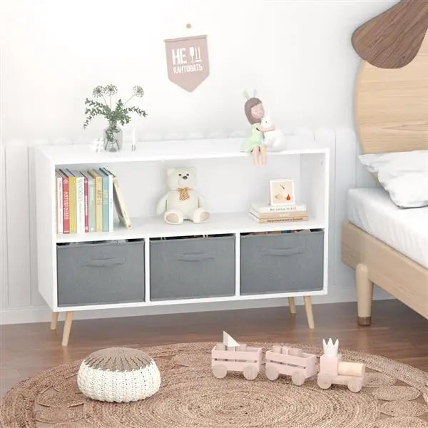 Luxury children’s bookcase with stylish fabric drawers for playroom elegance $129.99 length 98.5 width 34.01 height