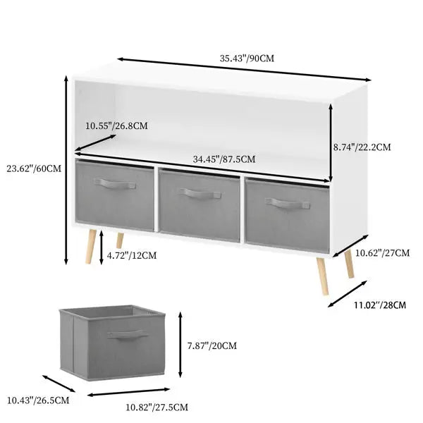 Luxury children’s bookcase with stylish fabric drawers for playroom elegance $129.99 length 98.5 width 34.01 height