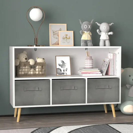 Luxury children’s bookcase with stylish fabric drawers for playroom elegance $129.99 length 98.5 width 34.01 height