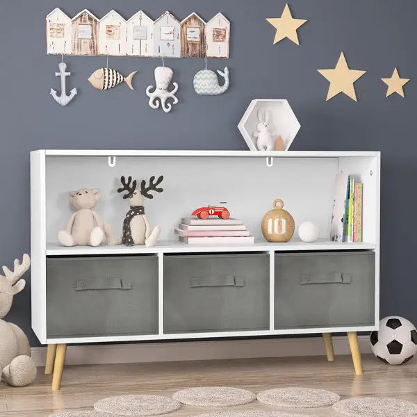 Luxury children’s bookcase with stylish fabric drawers for playroom elegance $129.99 length 98.5 width 34.01 height