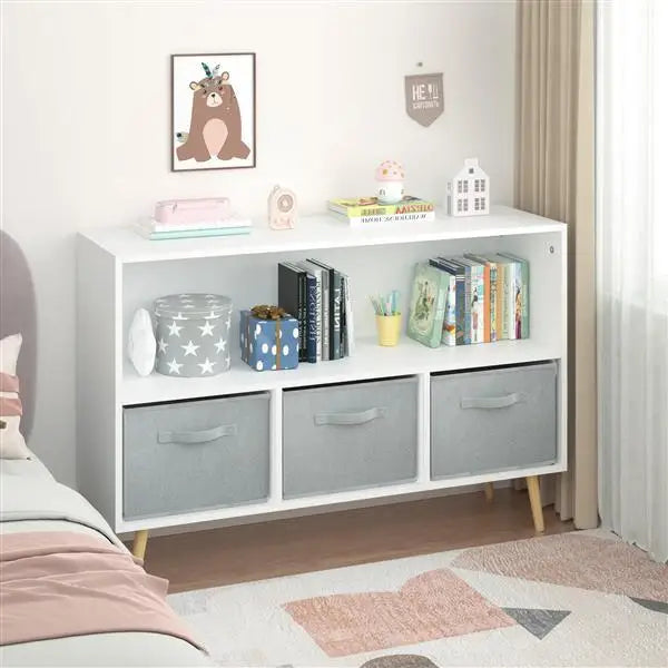 Luxury children’s bookcase with stylish fabric drawers for playroom elegance $129.99 length 98.5 width 34.01 height