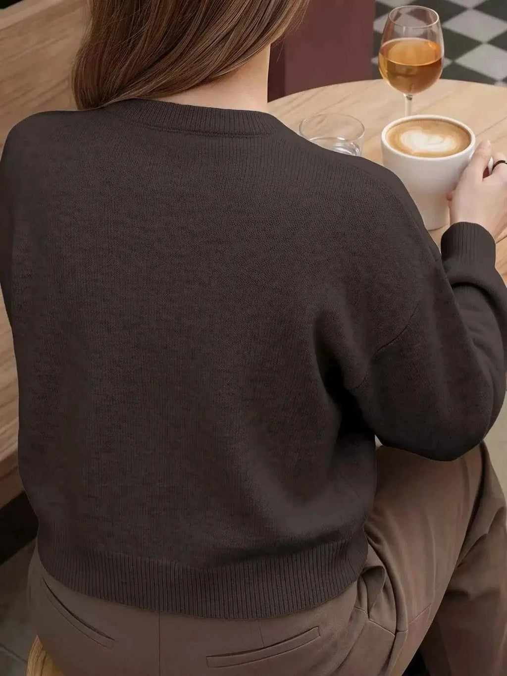 Chinese-Style Button Knit Cardigan in dark brown soft knit with ribbed cuffs and hem, featuring a relaxed fit and smooth texture