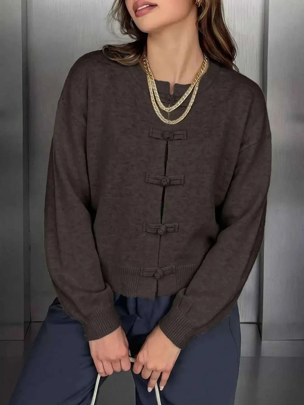 Chinese-Style Button Knit Cardigan in dark brown soft knit with Mandarin collar and traditional button closures.