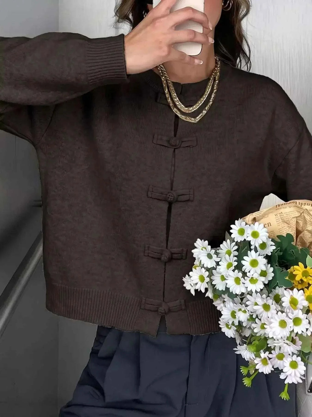 Chinese-Style Button Knit Cardigan in dark brown soft knit with Mandarin-style button closure and relaxed fit silhouette.
