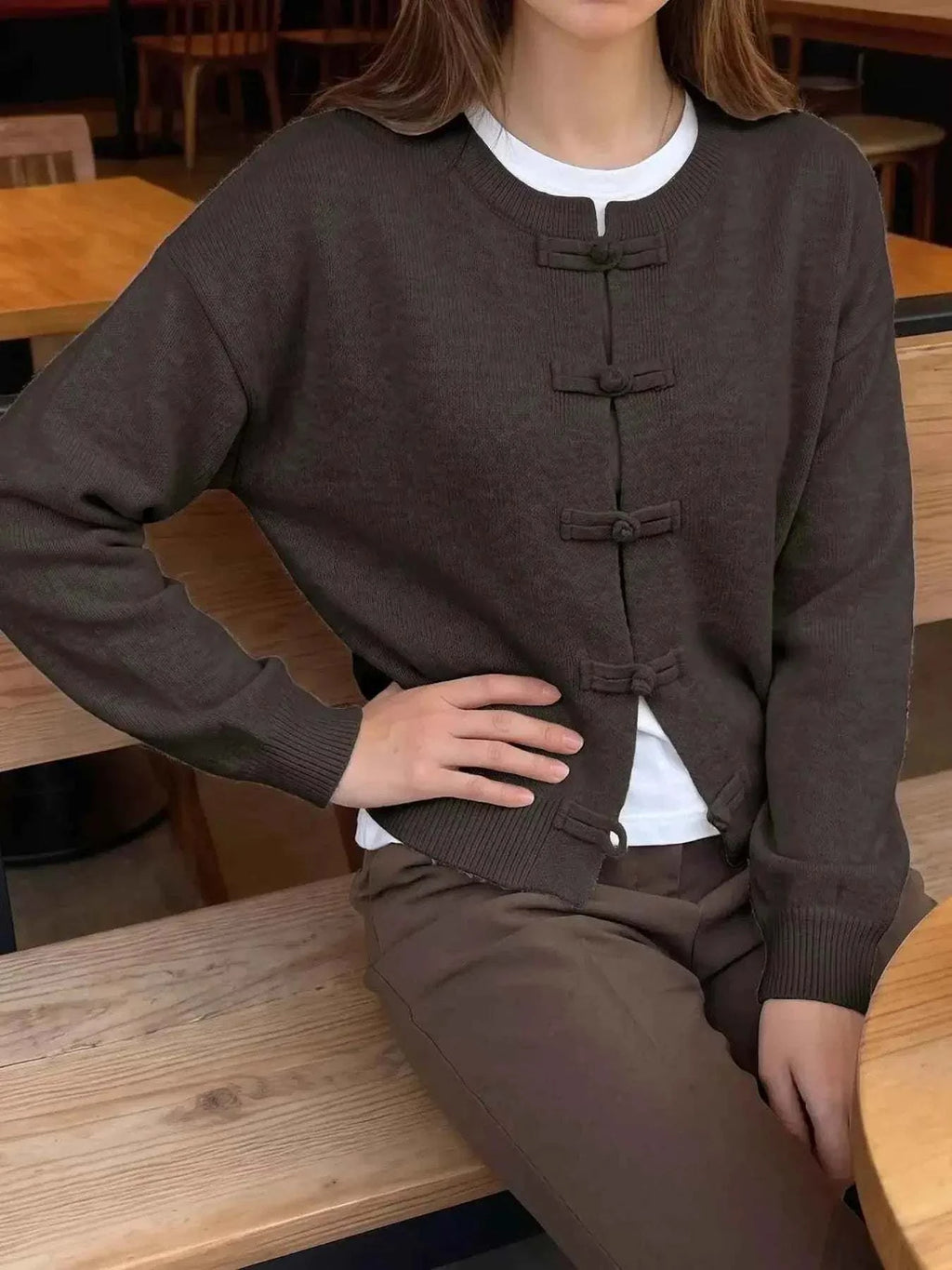 Chinese-Style Button Knit Cardigan in dark brown soft knit with Mandarin-style button closures and a relaxed fit silhouette.