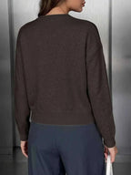 Chinese-Style Button Knit Cardigan in dark brown soft knit with a plain back and ribbed cuffs and hem, featuring a relaxed fit.