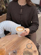 Chinese-Style Button Knit Cardigan in dark brown knit with Mandarin collar and traditional Chinese knot buttons, cozy and elegant design