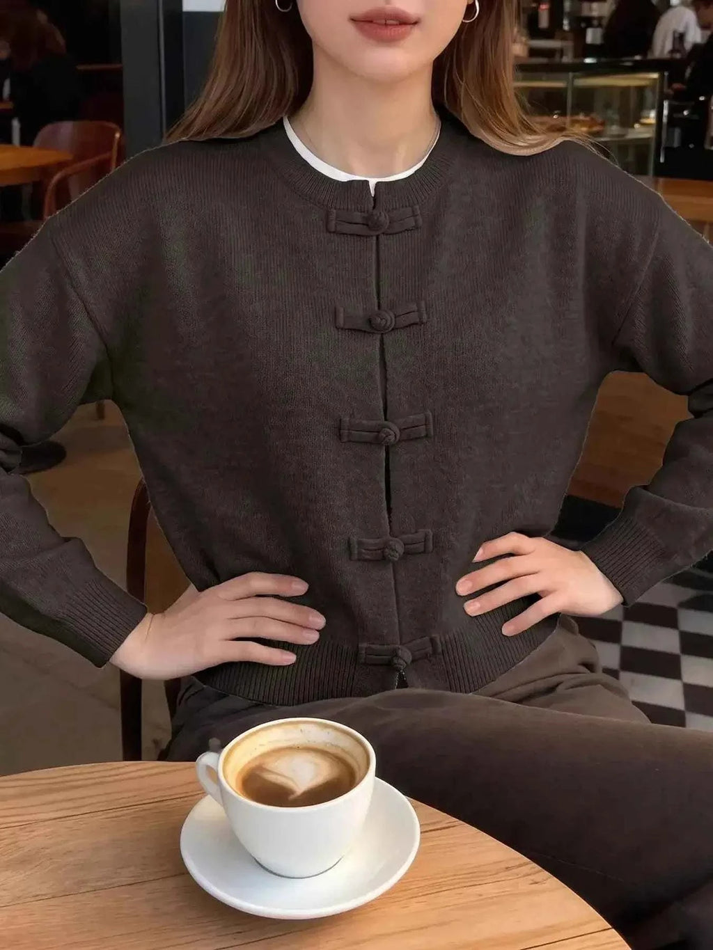 Chinese-Style Button Knit Cardigan in dark brown soft knit with Mandarin collar and traditional button closure detailing