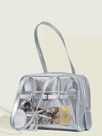 Clear Window Shoulder Bag in metallic silver PU leather with a transparent front pocket and adjustable strap.