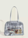 Clear Window Shoulder Bag in metallic silver PU leather with front transparent pocket displaying cards and a detachable round coin pouch
