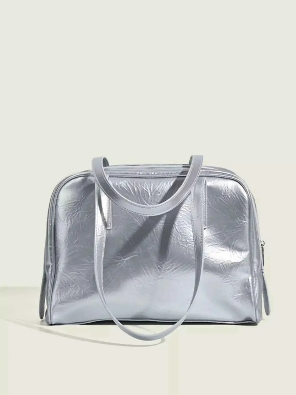 Clear Window Shoulder Bag in metallic silver PU leather with smooth finish and double shoulder straps.