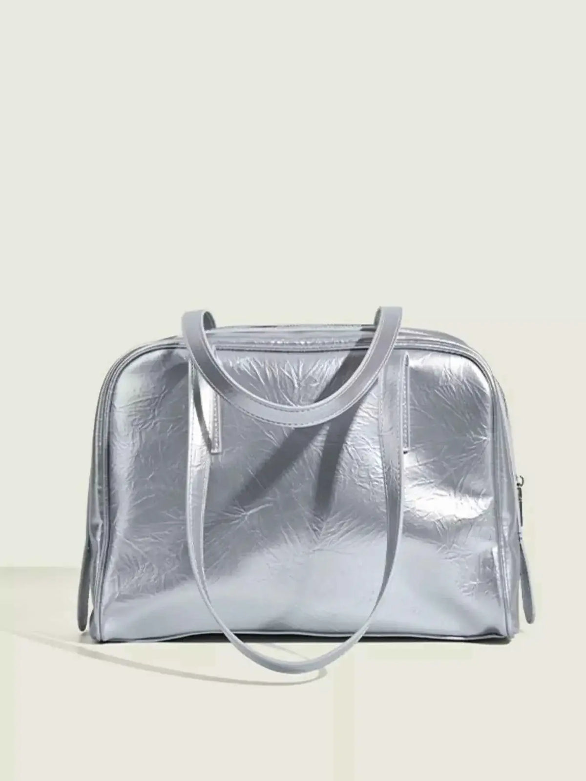 Clear Window Shoulder Bag in metallic silver PU leather with smooth finish and double shoulder straps.
