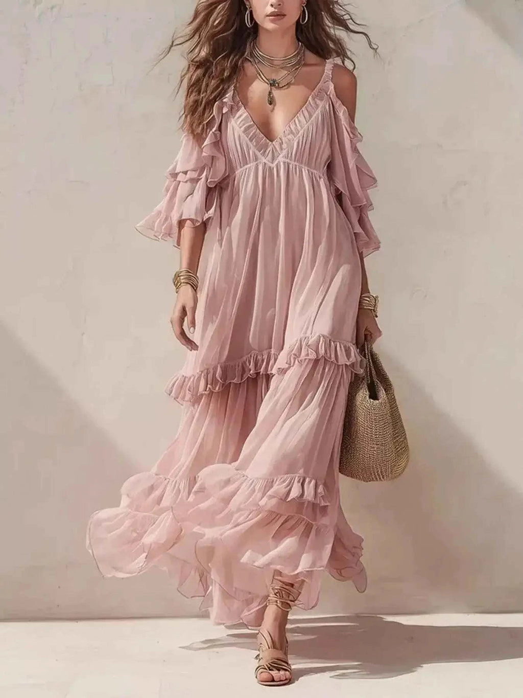 Cold-Shoulder Ruffled Maxi Dress in soft blush pink chiffon with tiered ruffle sleeves and flowing maxi length for elegant movement.