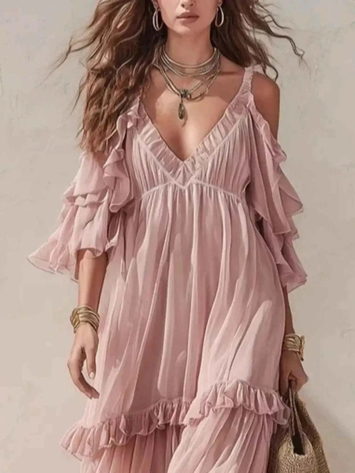 Cold-Shoulder Ruffled Maxi Dress in soft pink with tiered ruffle sleeves, cold-shoulder neckline, and flowing maxi length