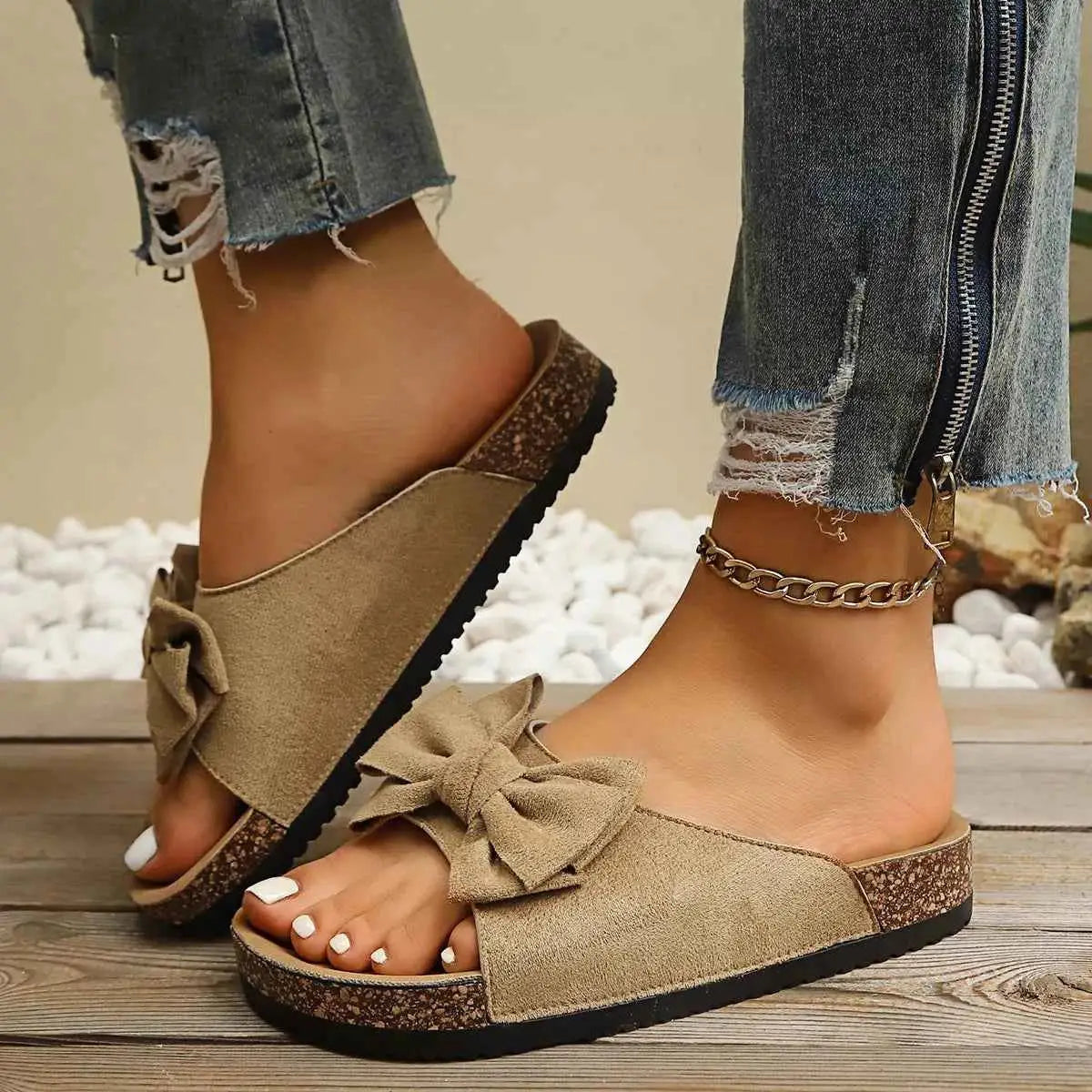 Comfortable Bow Decor casual sandals in beige polyester with rubber sole and large bow detail on top, flat heel design