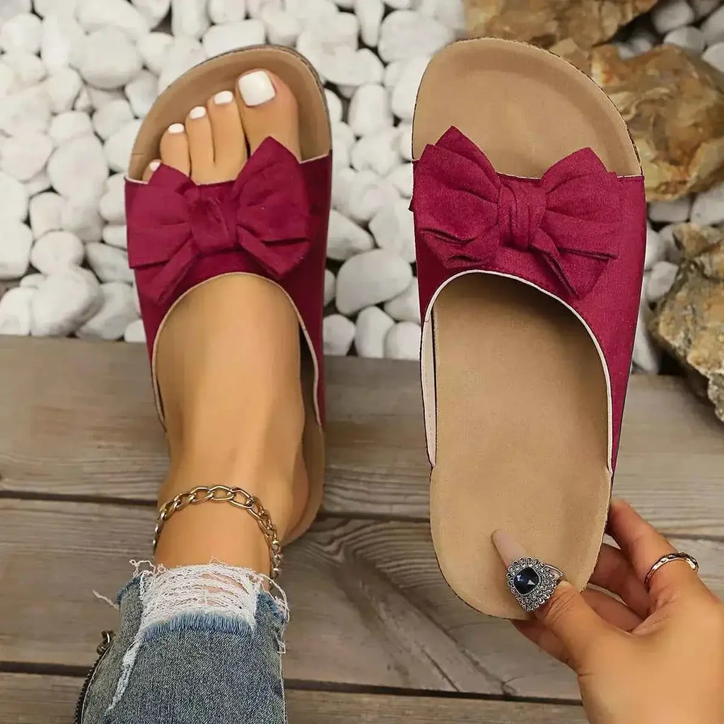 Comfortable Bow Decor casual flat sandals in burgundy polyester with large bow detail on top and beige footbed