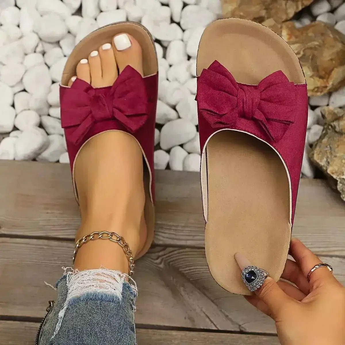 Comfortable Bow Decor casual flat sandals in burgundy polyester with large bow detail on top and beige footbed