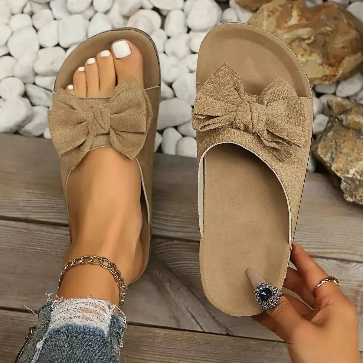 Comfortable Bow Decor casual flat sandals in beige polyester with large fabric bow detail on the straps