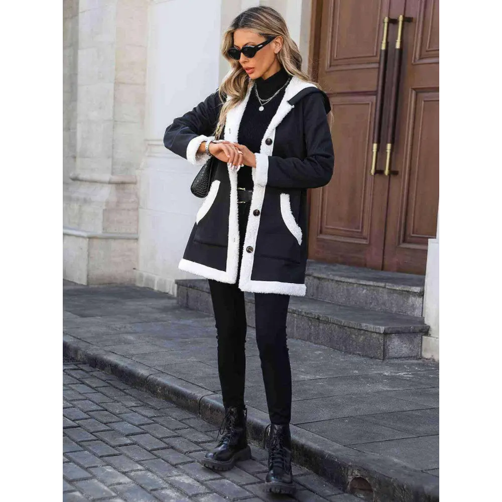 Luxury fashion for women with the trendy contrast button hooded coat $49.82 pocketed for convenience and style normal,