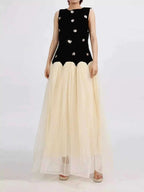Contrast Flower Sleeveless black sleeveless top with silver flower appliques and cream tulle maxi skirt dress