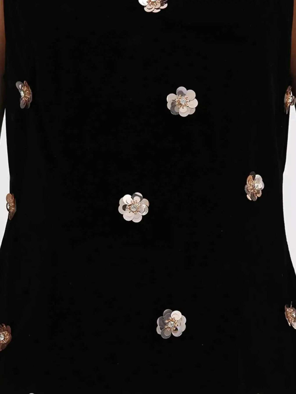Contrast Flower Sleeveless black sleeveless dress with white and brown floral appliques and ruched detailing