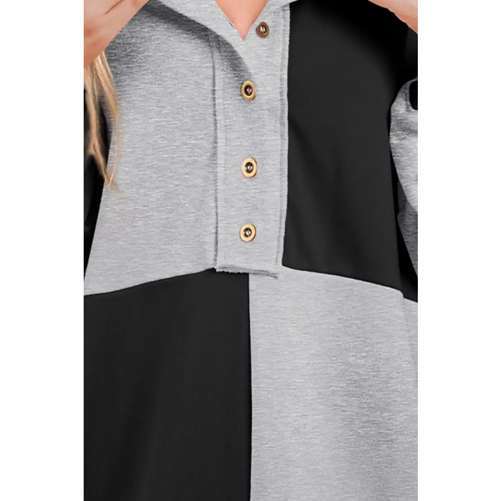 Elevate your wardrobe with the contrast half button long sleeve sweatshirt $39.99 high-low design, perfect