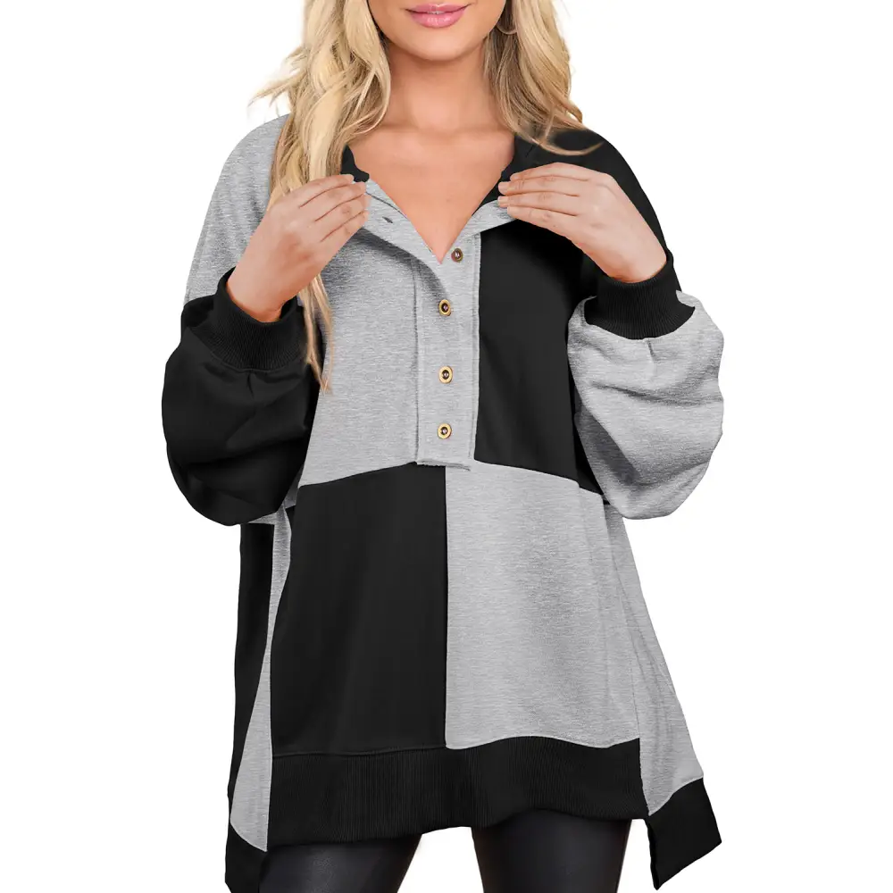 Elevate your wardrobe with the contrast half button long sleeve sweatshirt $39.99 high-low design, perfect