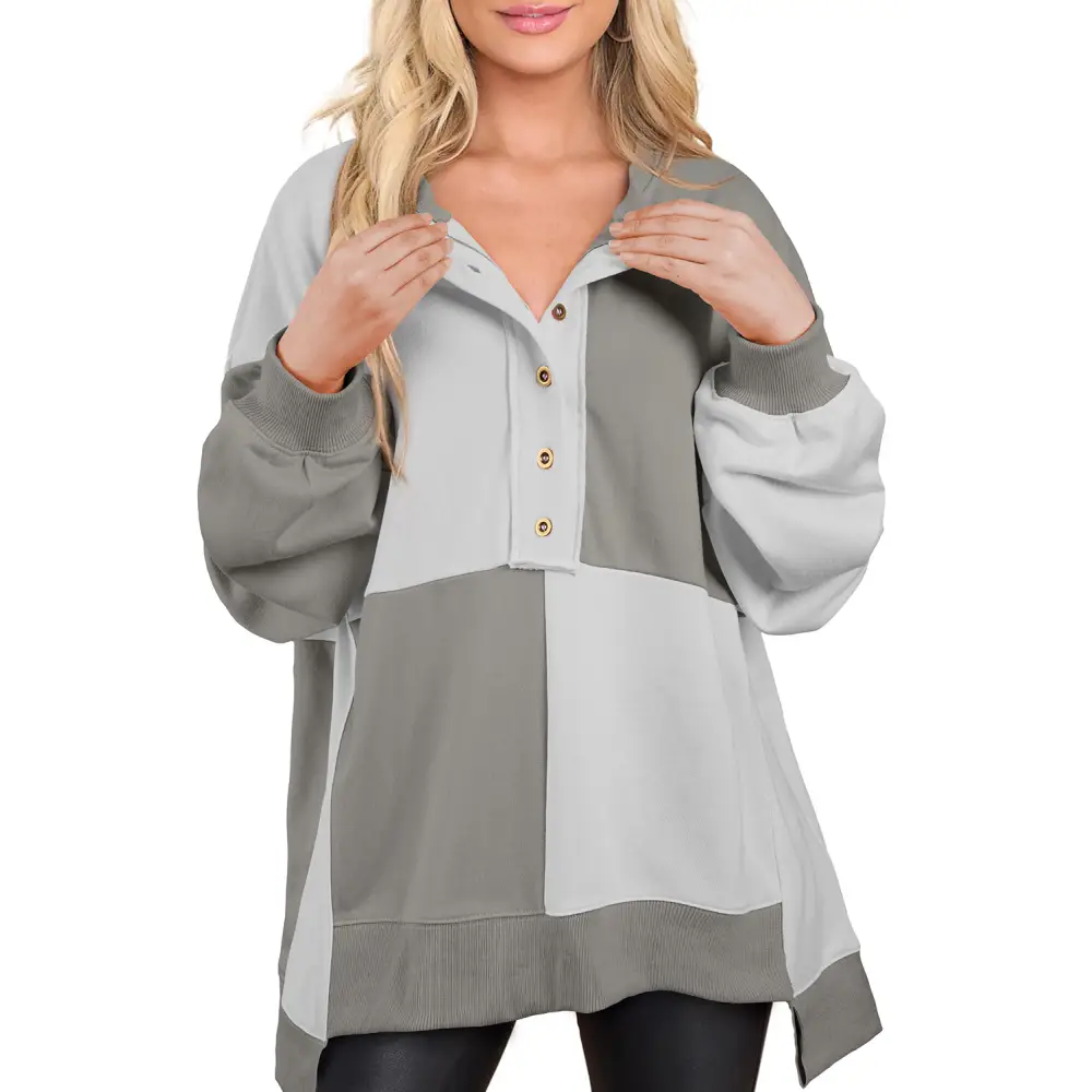 Elevate your wardrobe with the contrast half button long sleeve sweatshirt $39.99 high-low design, perfect