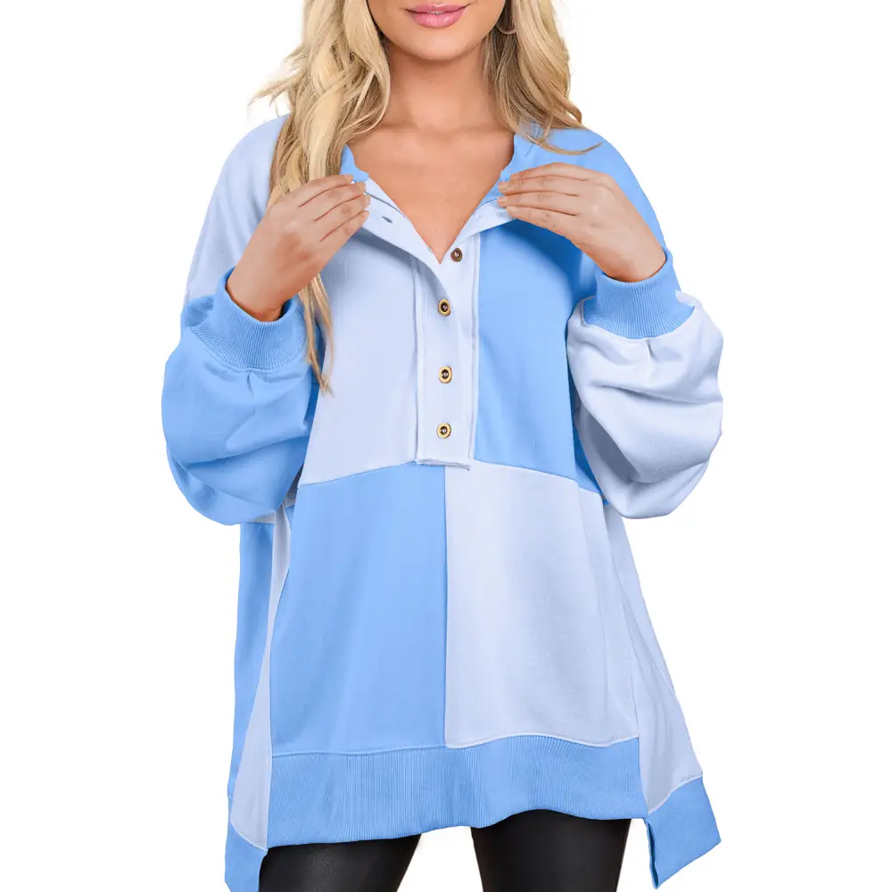 Elevate your wardrobe with the contrast half button long sleeve sweatshirt $39.99 high-low design, perfect