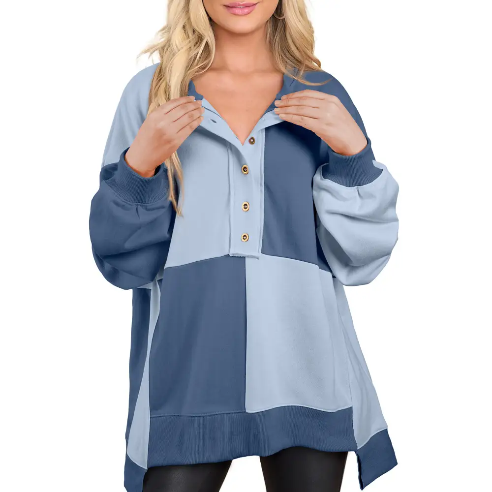 Elevate your wardrobe with the contrast half button long sleeve sweatshirt $39.99 high-low design, perfect