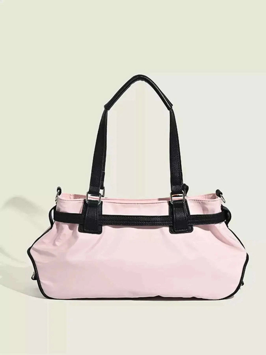 Contrast Lightweight Shoulder Bag in light pink PU leather with black straps and trim, medium size purse with sleek design.