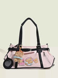 Contrast Lightweight Shoulder Bag in light pink PU leather with black straps, zipper, and playful teddy bear patches and keychain charm
