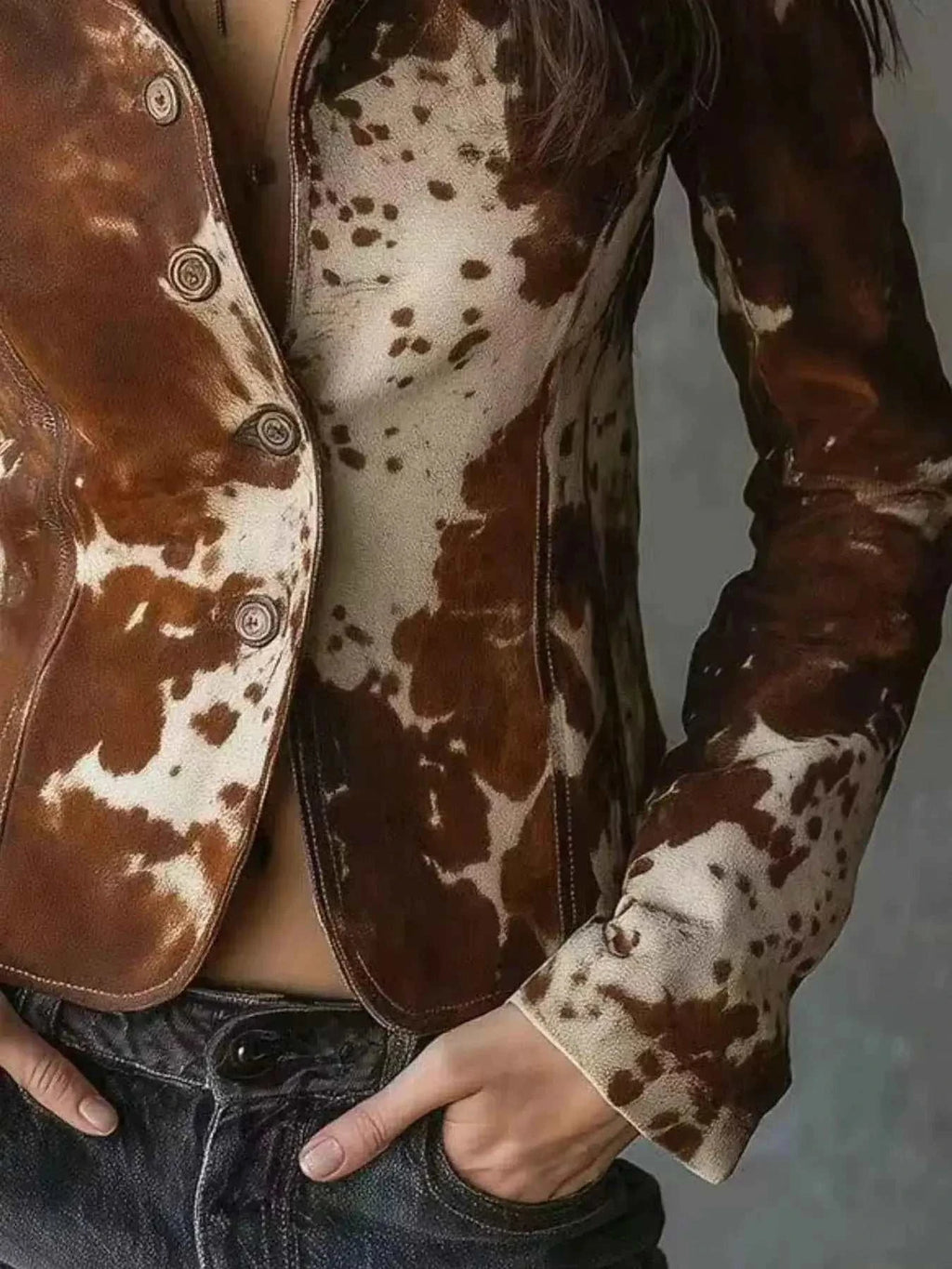Cow Print Button Up Blazer in brown and cream polyester with buttoned front and animal pattern on fitted long sleeves