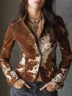 Cow Print Button Up Blazer in brown and white with a fitted silhouette and button closure, worn by model