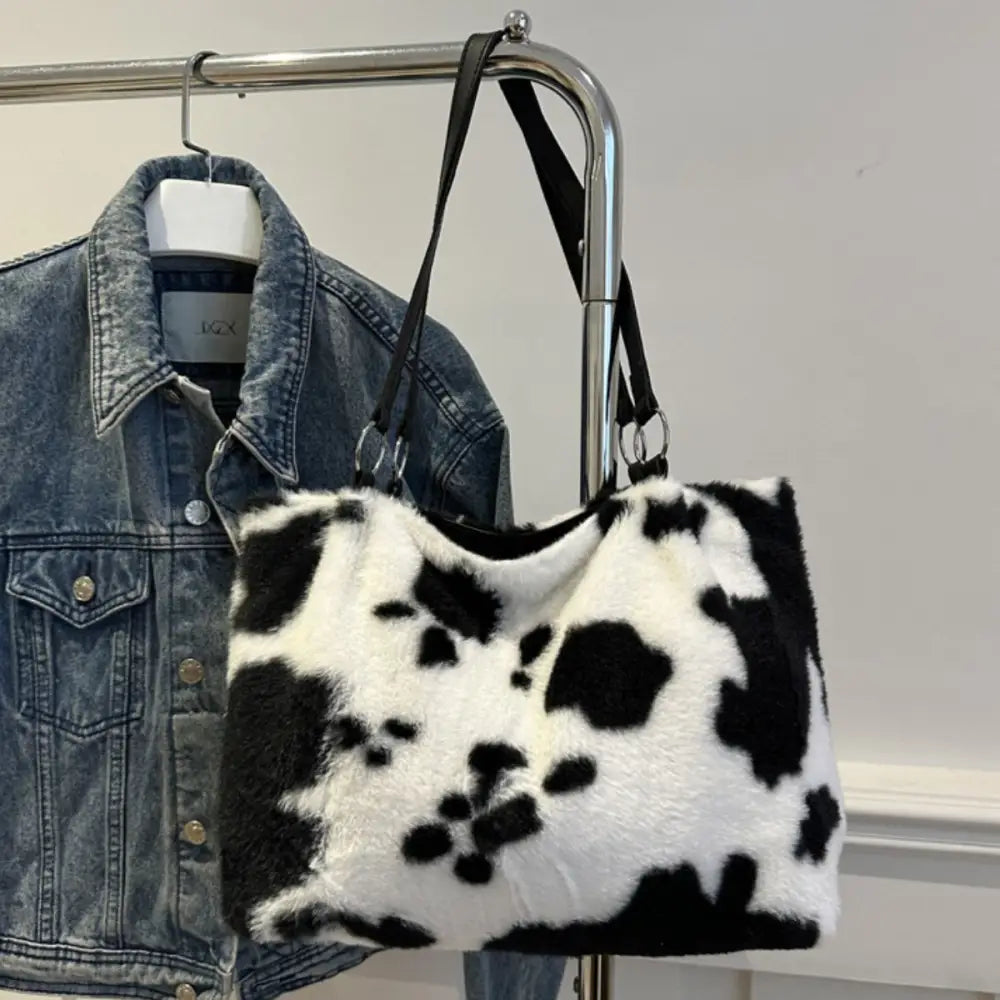 Chic cow print furry tote bag elevates luxury fashion for women $19.99 bag large faux fur, pu leather, polyester