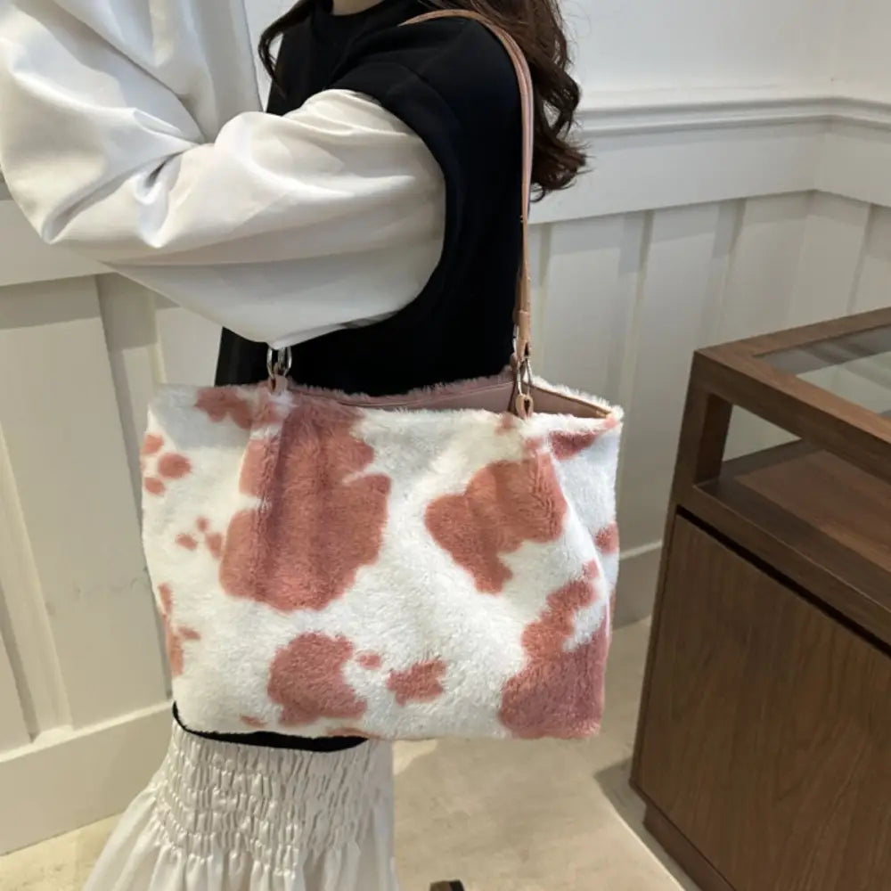 Chic cow print furry tote bag elevates luxury fashion for women $19.99 bag large faux fur, pu leather, polyester