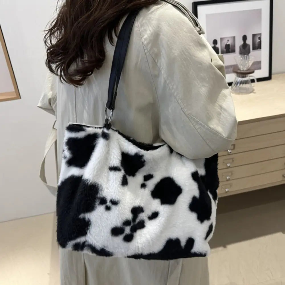 Chic cow print furry tote bag elevates luxury fashion for women $19.99 bag large faux fur, pu leather, polyester