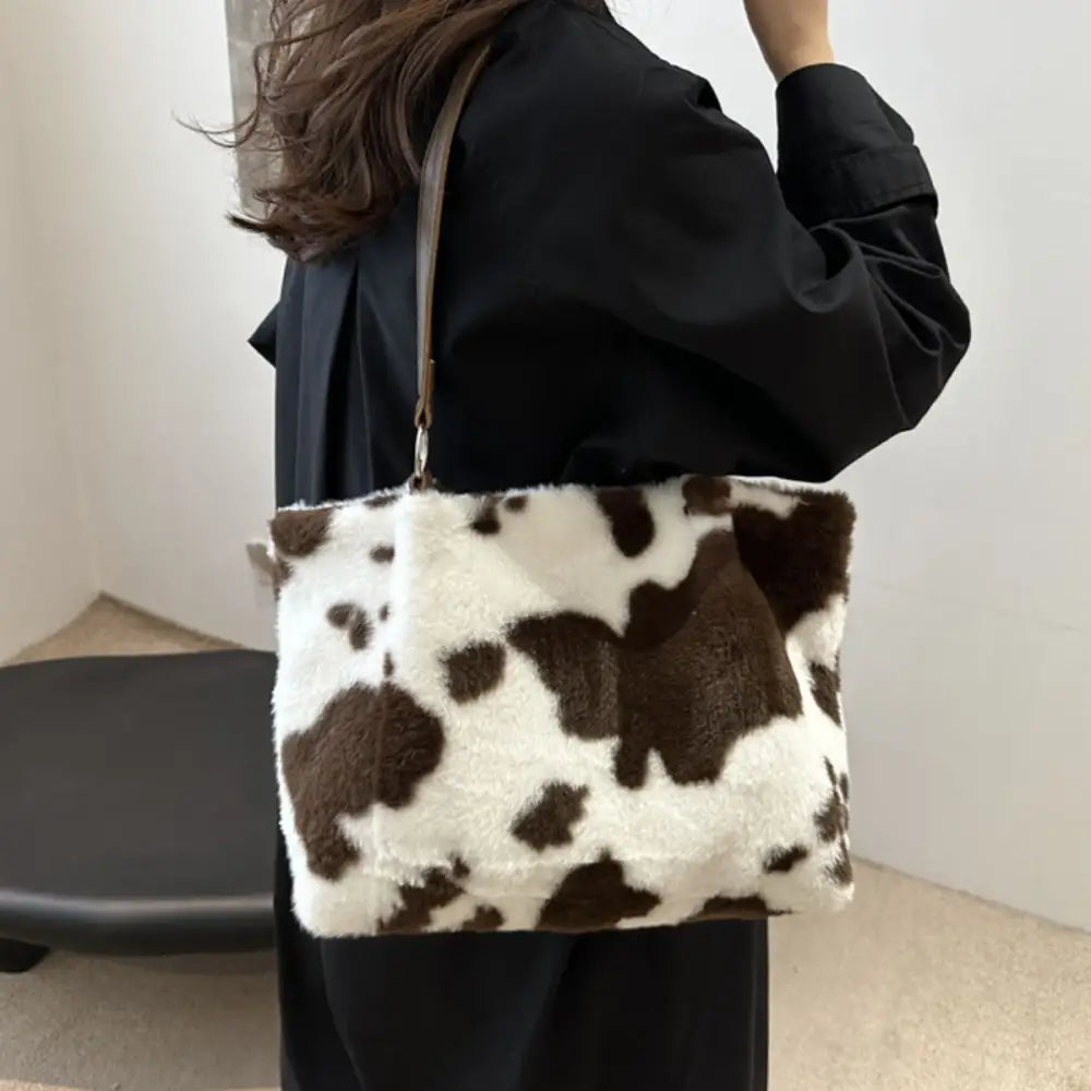 Chic cow print furry tote bag elevates luxury fashion for women $19.99 bag large faux fur, pu leather, polyester