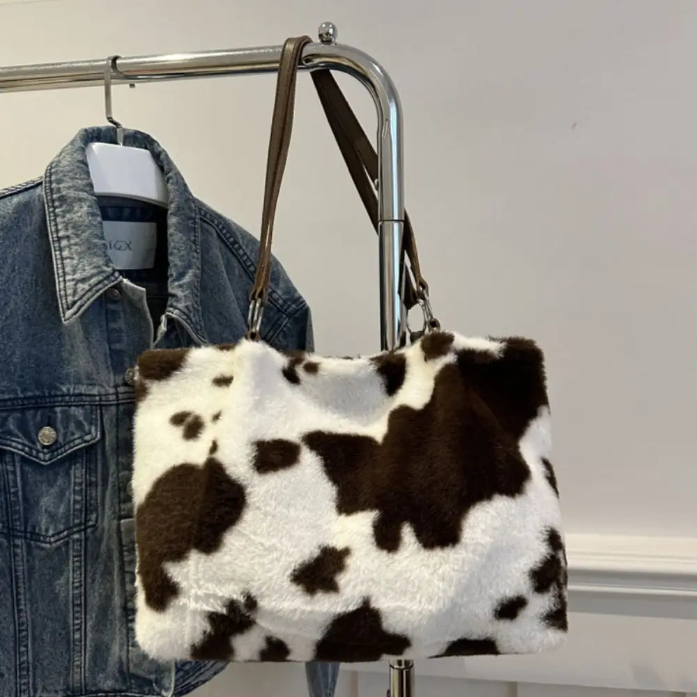 Chic cow print furry tote bag elevates luxury fashion for women $19.99 bag large faux fur, pu leather, polyester