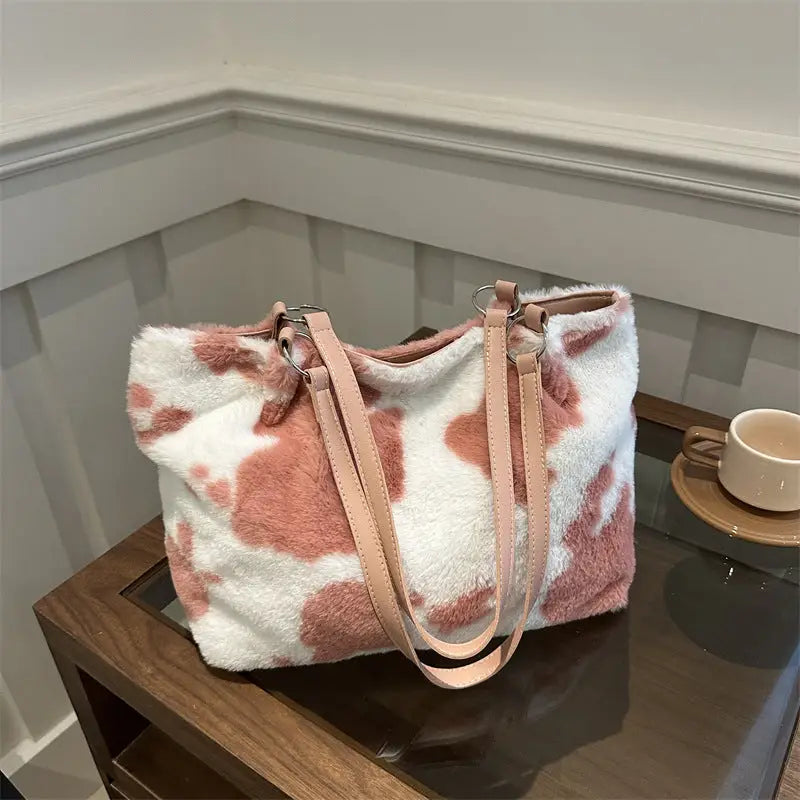 Chic cow print furry tote bag elevates luxury fashion for women $19.99 bag large faux fur, pu leather, polyester