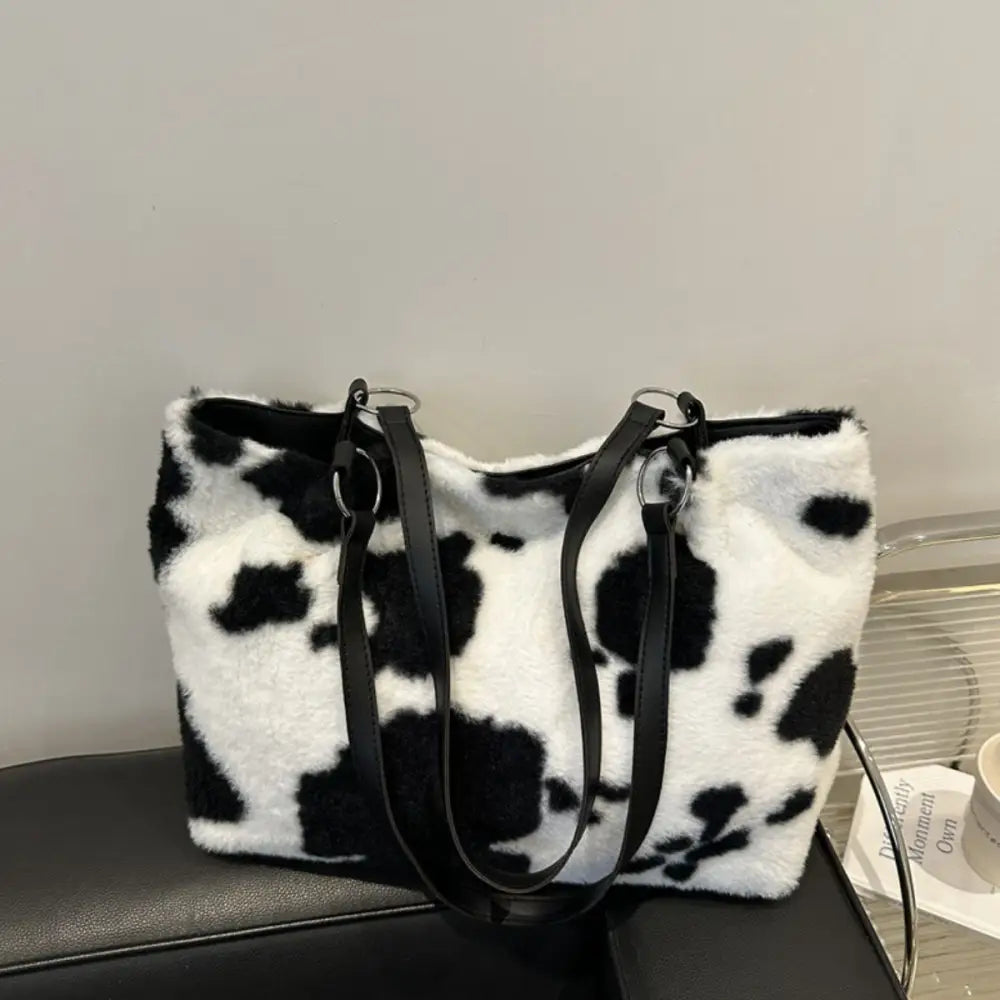 Chic cow print furry tote bag elevates luxury fashion for women $19.99 bag large faux fur, pu leather, polyester