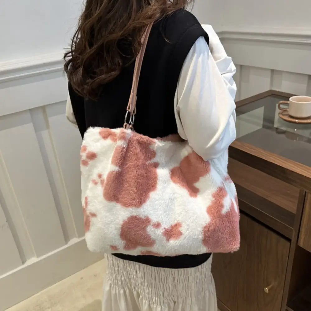 Chic cow print furry tote bag elevates luxury fashion for women $19.99 bag large faux fur, pu leather, polyester